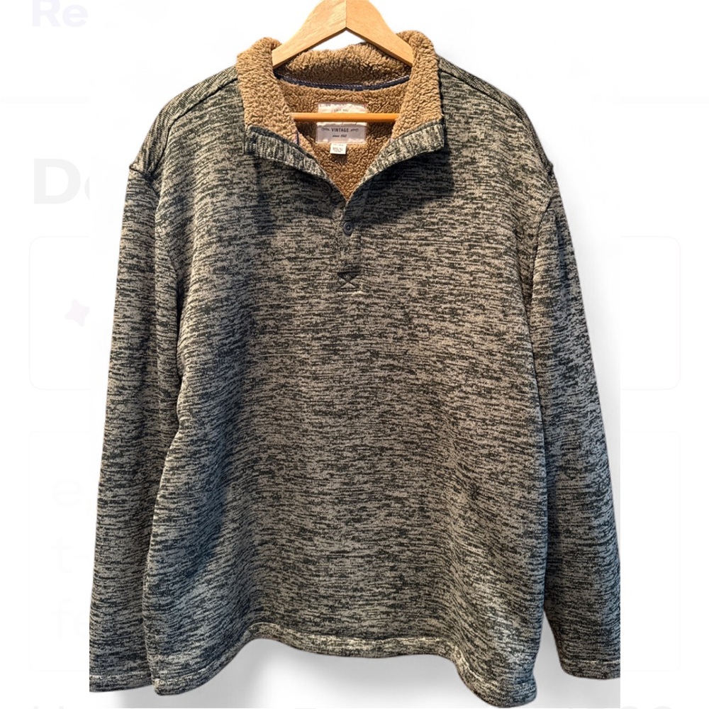 Original Weatherproof Vintage Sweater 1/4 Neck button in speckled green & black.
